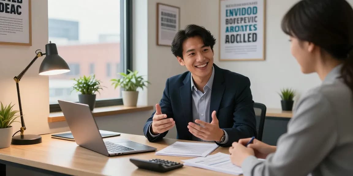RadCred financial advisor explaining $150 loan options in a cozy office.