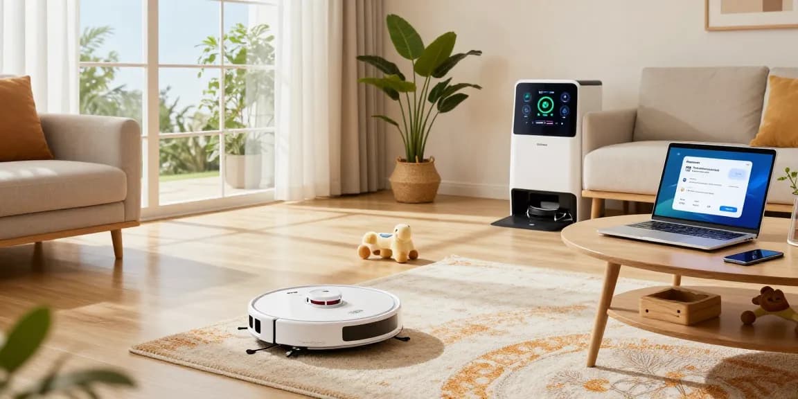 Roborock 2026 robot vacuum navigating a modern living room, showcasing smart home integration and real-time app control.