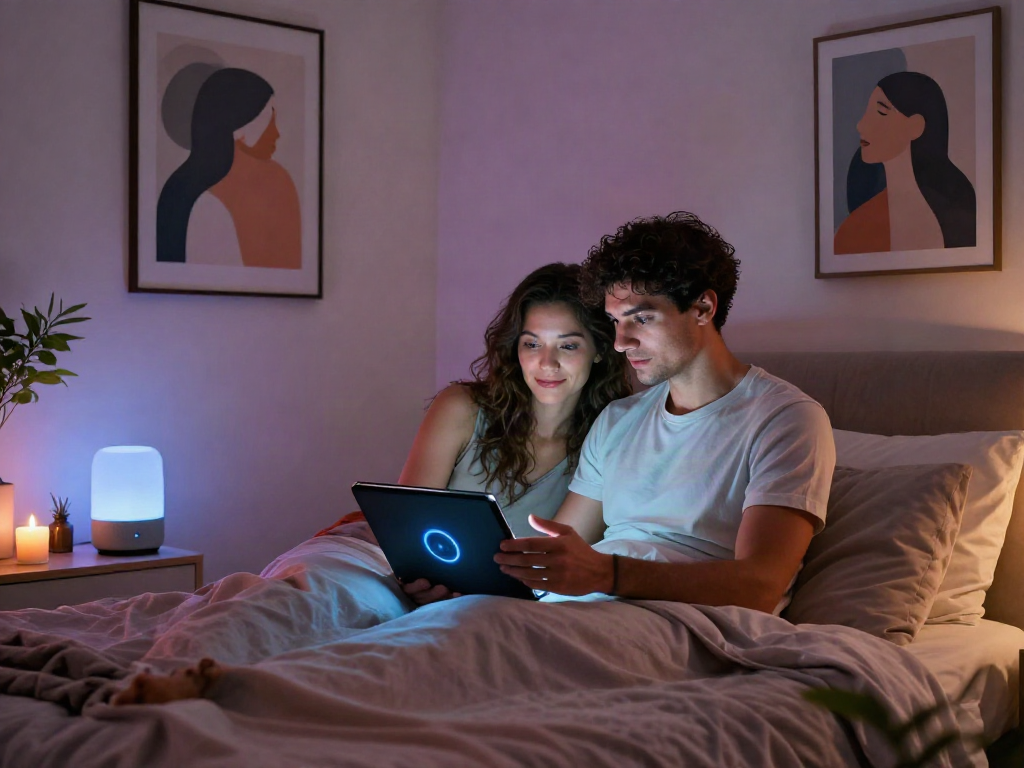 Couple exploring sex AI technology in a modern bedroom, enhancing intimacy.