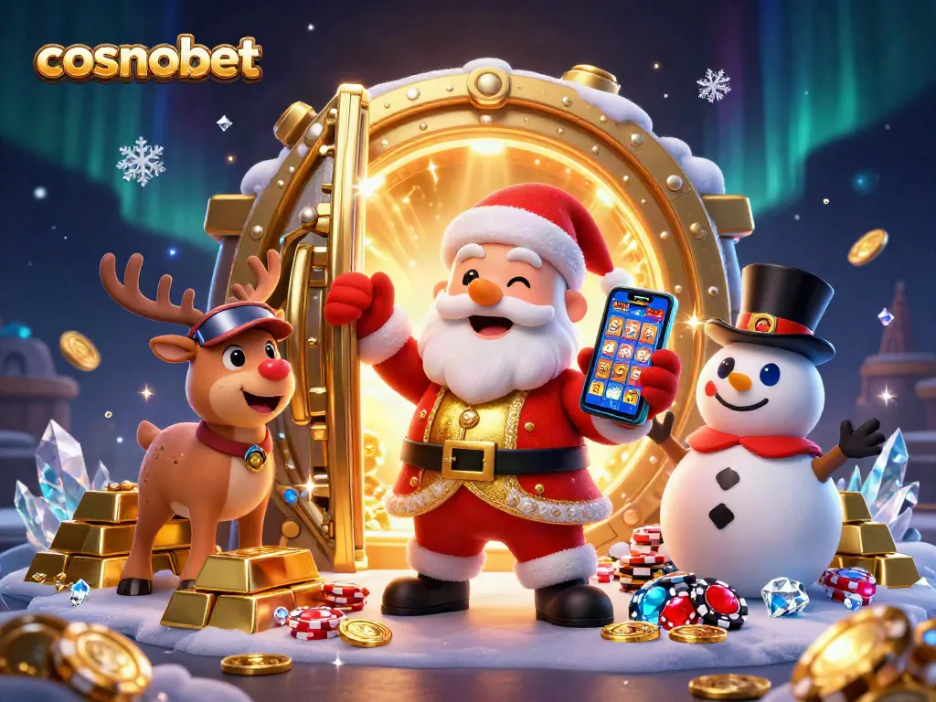 Experience the thrill of cosmobet with Santa, his reindeer dealer, and a poker-chip snowman amidst jackpots and treasures.
