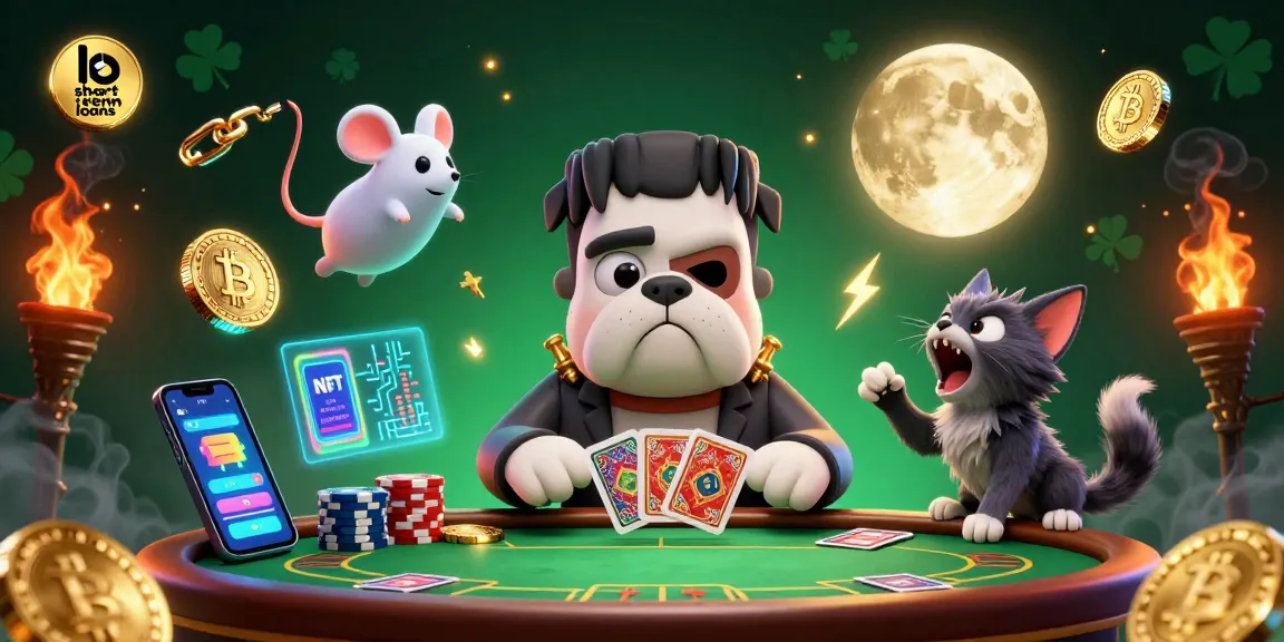 Experience short term loans in a vibrant casino scene featuring a quirky Frankenstein bulldog dealer.