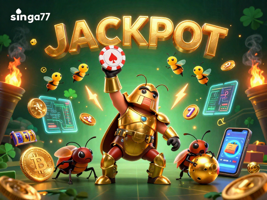 Singa77 features a victorious beetle champion in a 3D casino scene celebrating a jackpot!