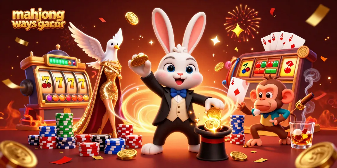 Engage in mahjong ways gacor with vibrant slot elements, golden coins, and lively casino characters.