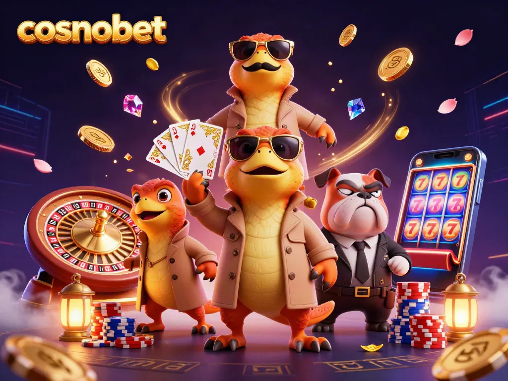 Experience cosmobet's gaming thrill with raptors in a trench coat entering a VIP casino lounge.