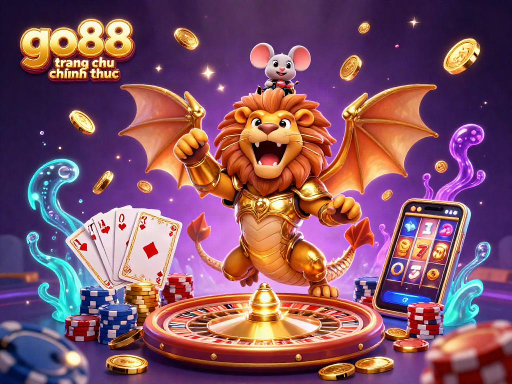 Win big with go88 trang chu chinh thuc as golden coins, spinning wheels, and vibrant poker chips fill the scene.