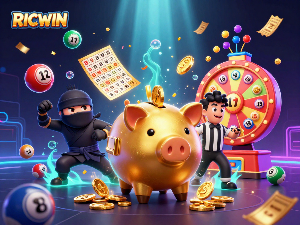 Join the exciting world of RICWIN with a vibrant 3D casino scene showcasing thrilling lottery elements!