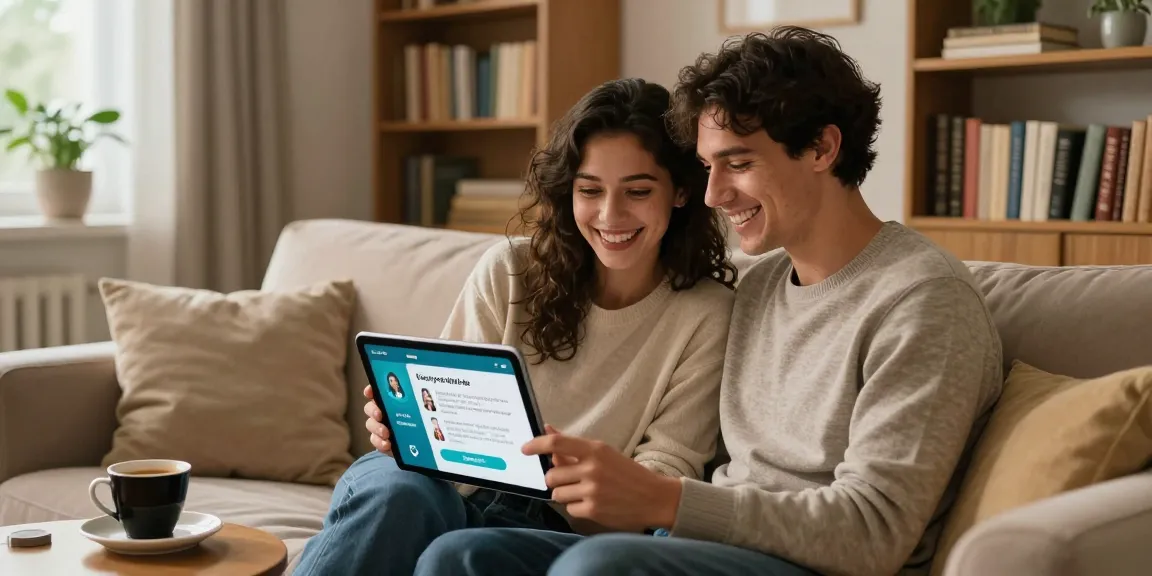 Couple using a sex ai app in a cozy living room setting, exploring relationship advice.