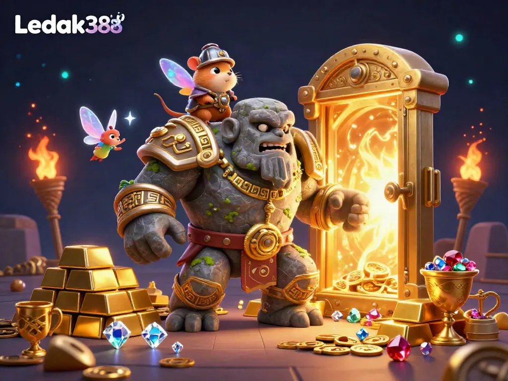 Experience thrilling wins with Ledak388's magical guardian and treasures in an engaging casino scene.