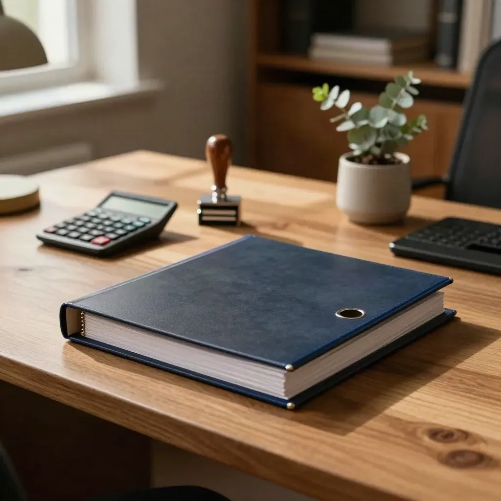 Compliance binder, stamp, calculator and plant on a warm timber legal desk in morning light.