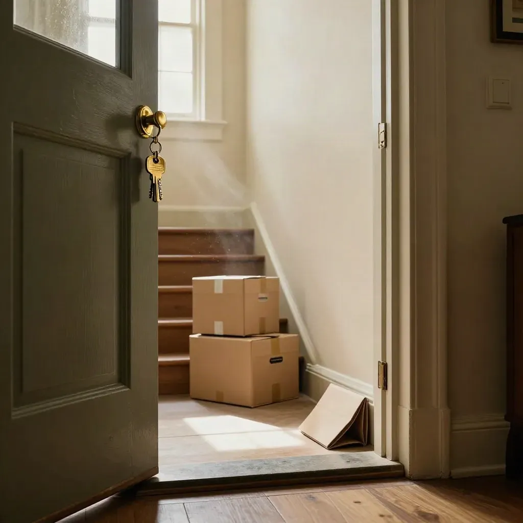 Open townhouse doorway with brass keys, moving boxes and a bright hallway caught in a draft.