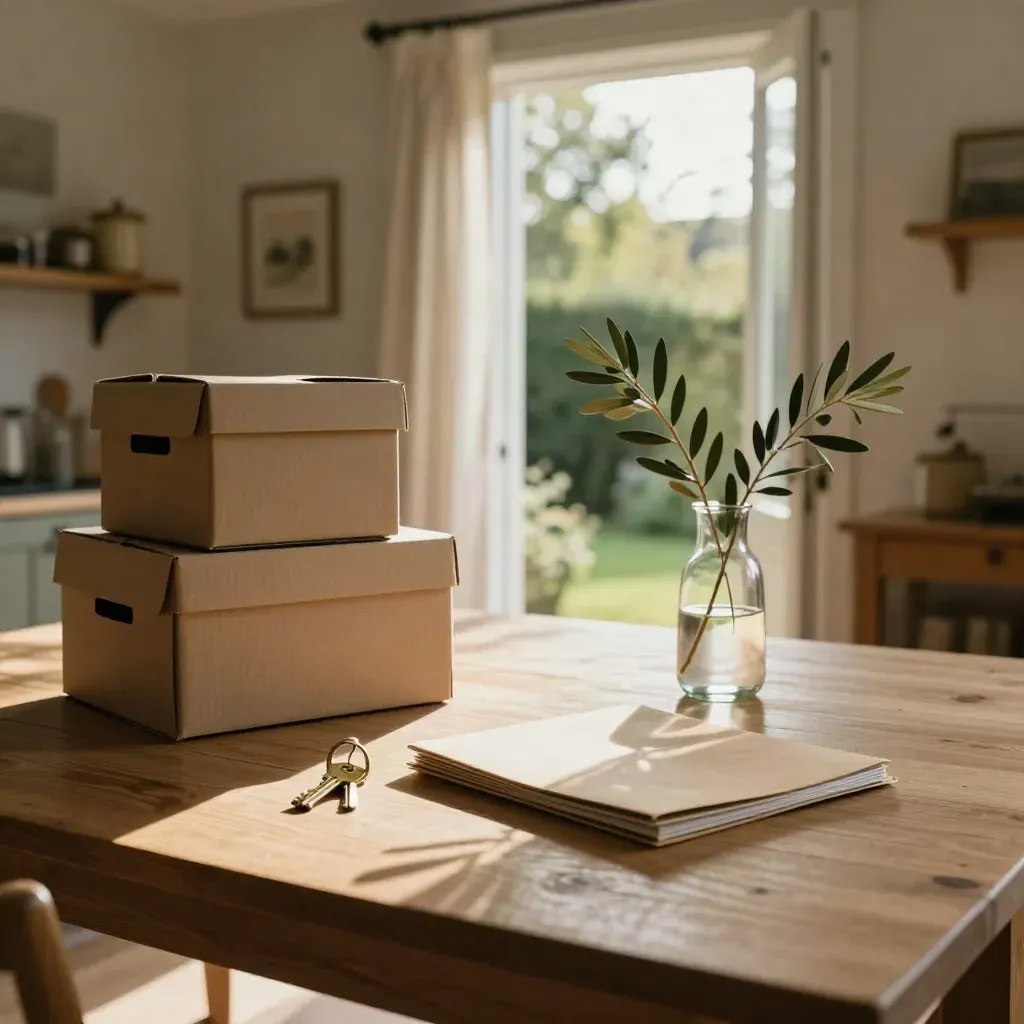 Kitchen table with keys, boxes, folder and vase by an open back door in warm light.