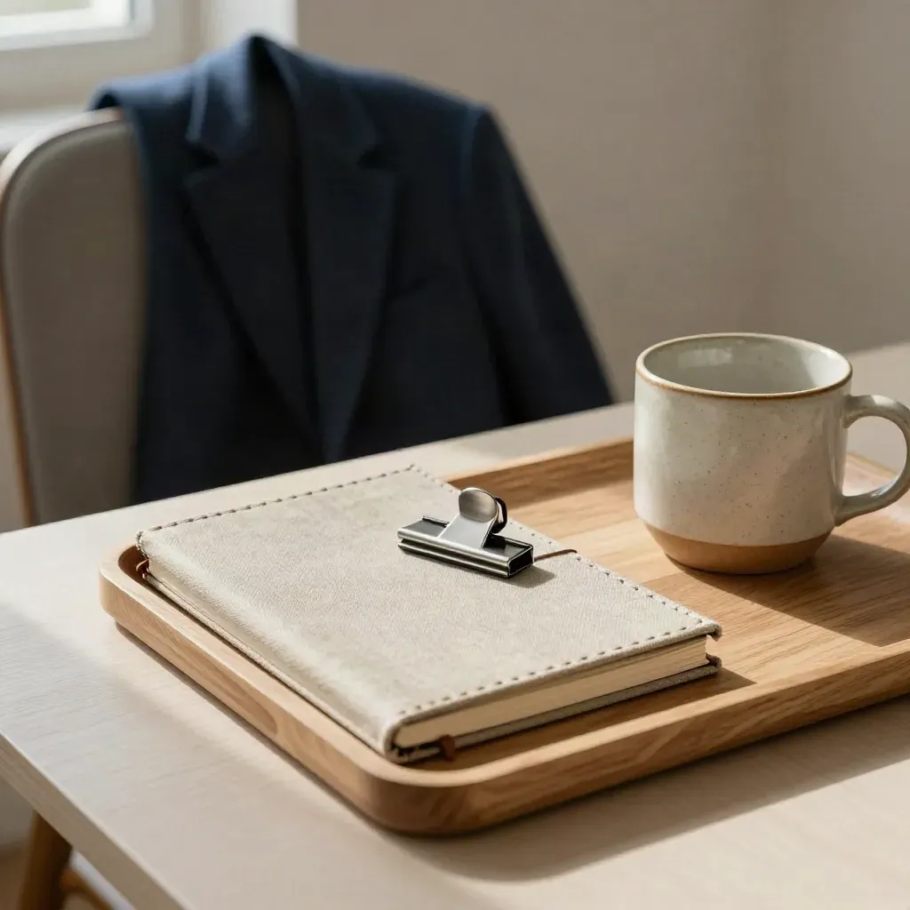 Closed notebook, navy blazer over chair, tie clip, mug and tray on pale wood in soft morning light.