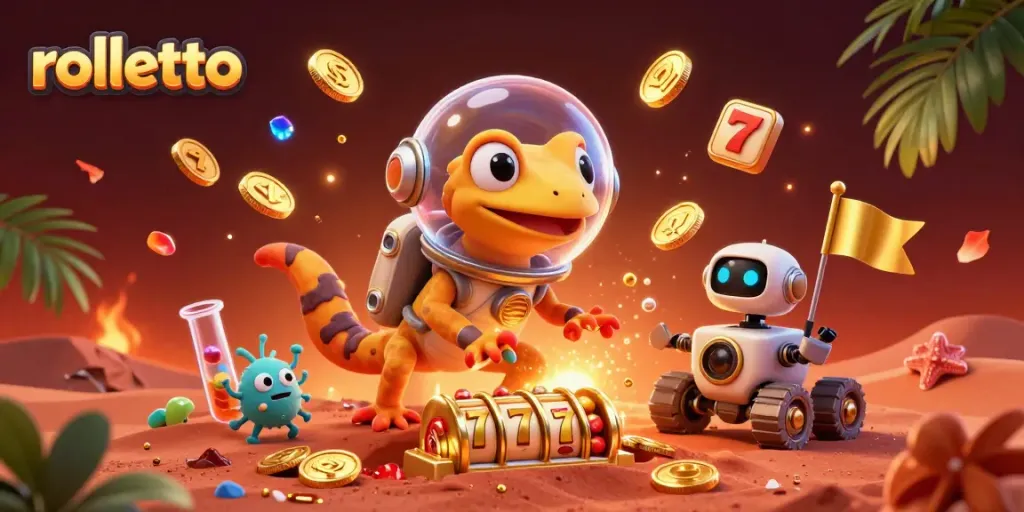 Experience the rolletto casino adventure with a Martian gecko and magical gaming elements.