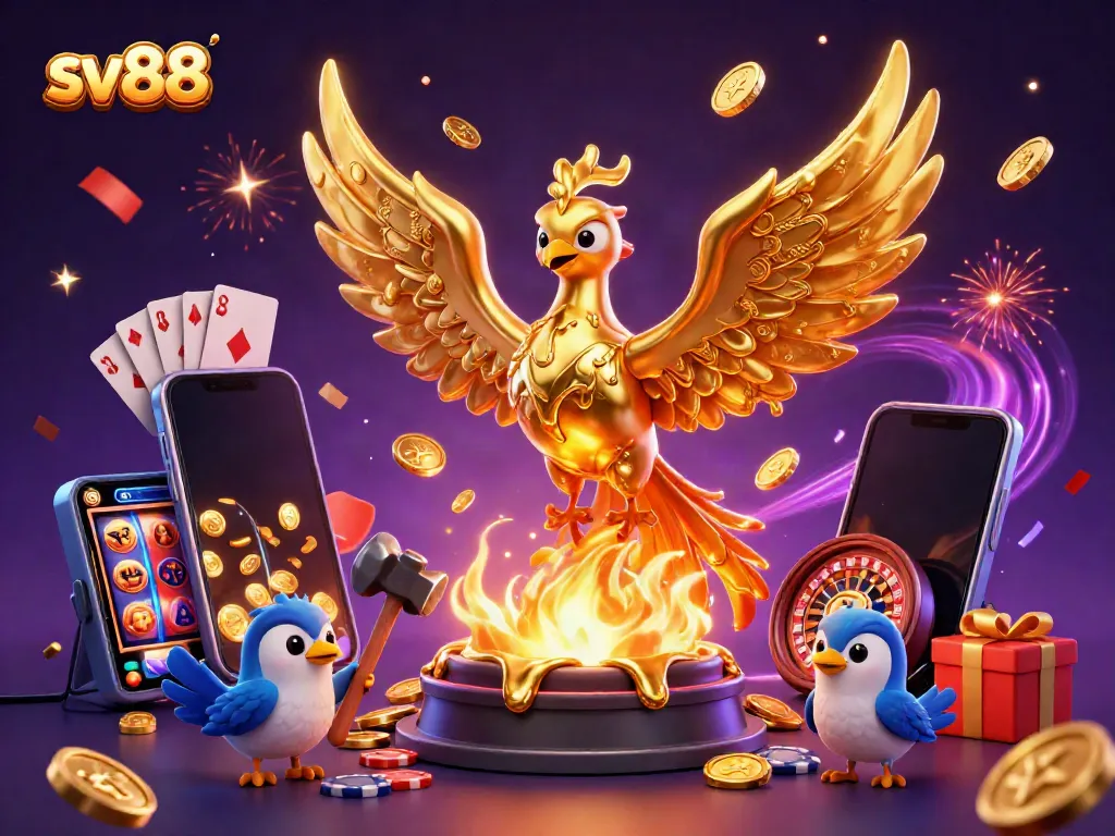 Experience incredible gameplay at sv88 with a vibrant scene featuring a molten golden phoenix and dynamic casino elements.