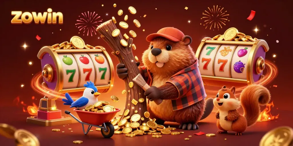 Zowin celebrates wins in a lively casino scene with golden coins and slot reels.