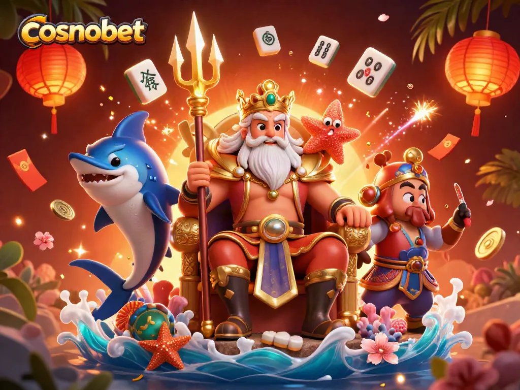 Engage with cosmobet in an exciting 3D cartoon casino scene featuring Neptune and vibrant game elements.