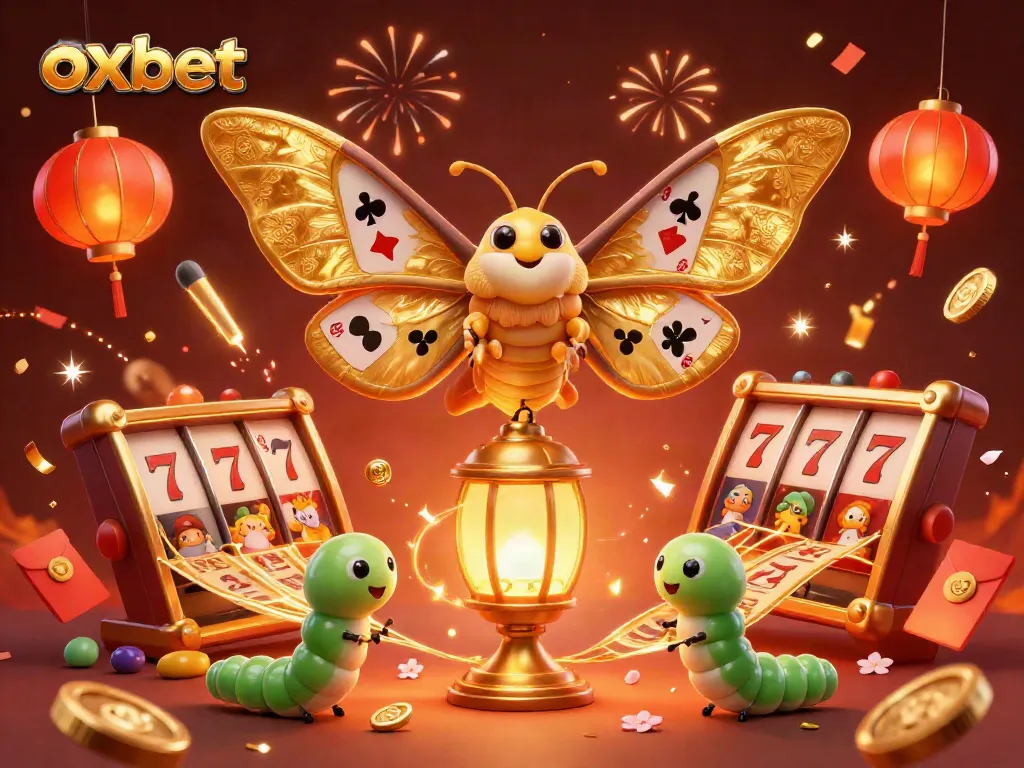 Experience the vibrant world of oxbet with golden casino elements and an enchanting atlas moth.
