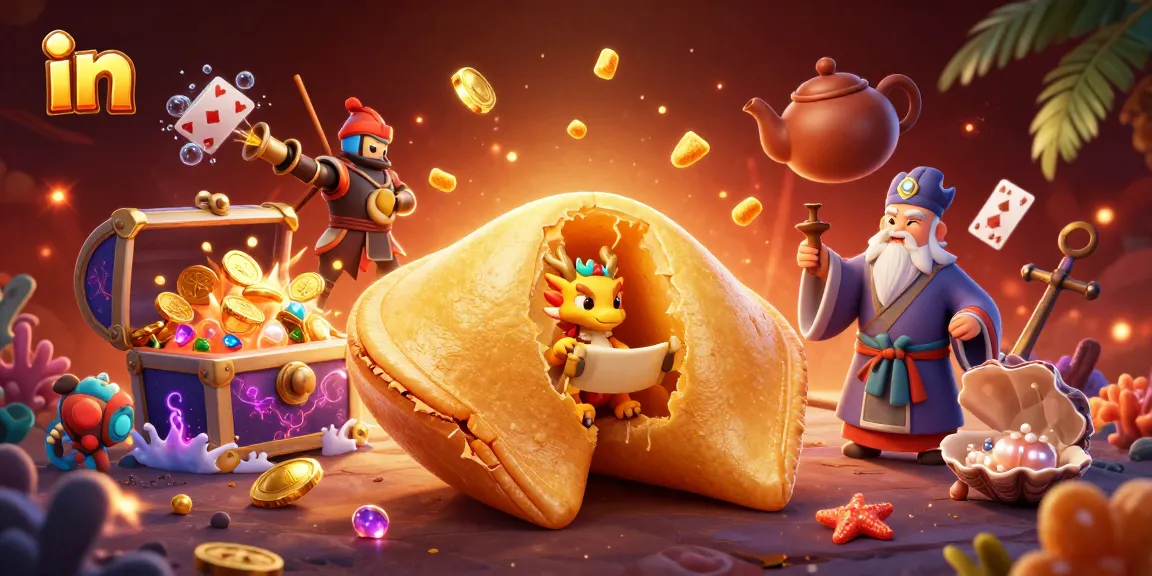 Engage in thrilling online gambling with our dynamic illustration of fortune cookies, dragons, and treasure!