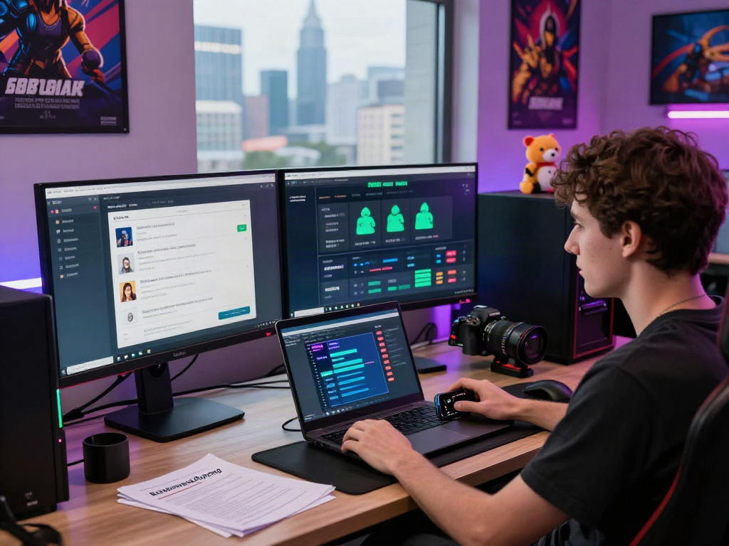 토토사이트 검증 먹튀스팟 gaming verification scene in a vibrant tech workspace.