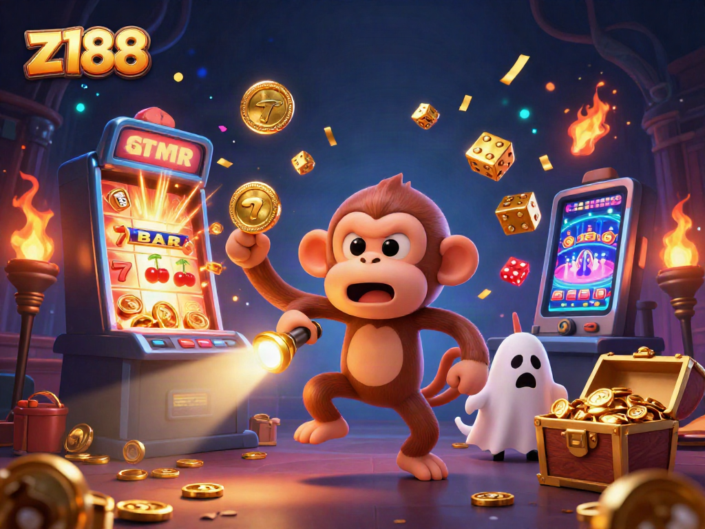 Experience thrilling wins at z188 with a mischievous monkey juggling golden casino treasures.