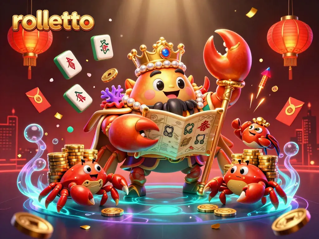 rolletto showcases a vibrant casino experience with a golden crab emperor and festive elements.