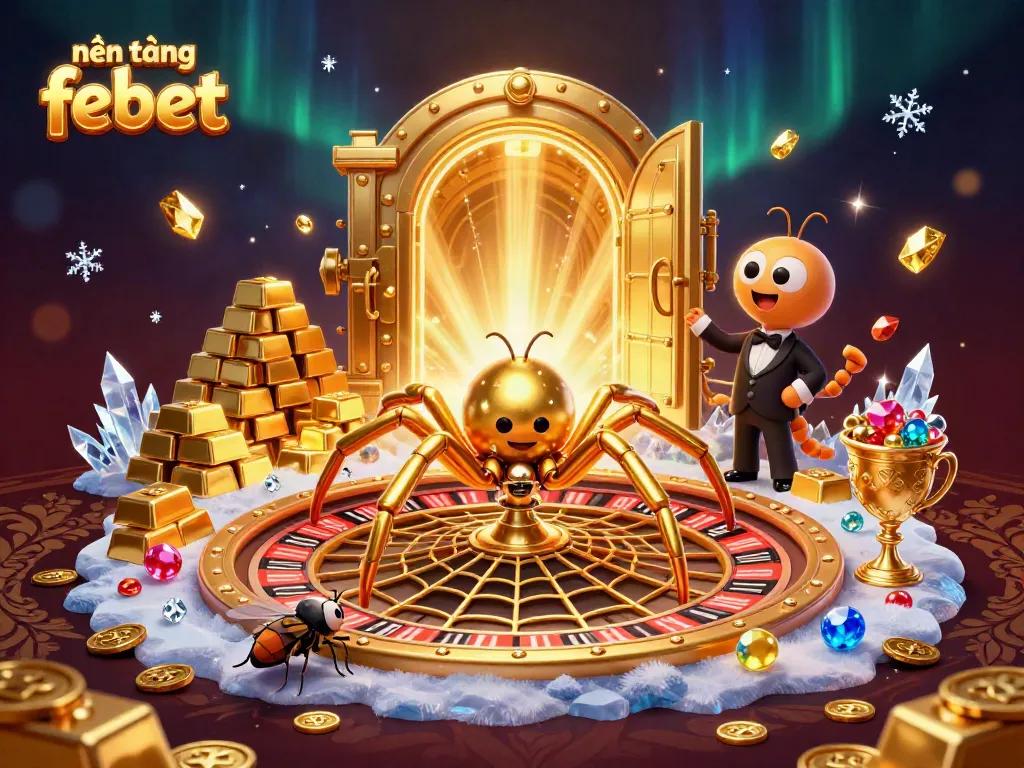 Engage with the vibrant nền tảng febet, featuring a 3D golden spider and croupier illustration in a casino setting.