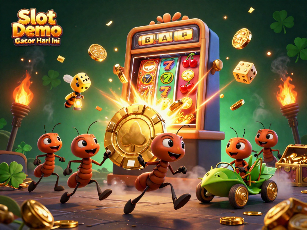 Slot Demo Gacor Hari Ini showcases a thrilling heist by ants amidst bursting jackpots and colorful casino elements.