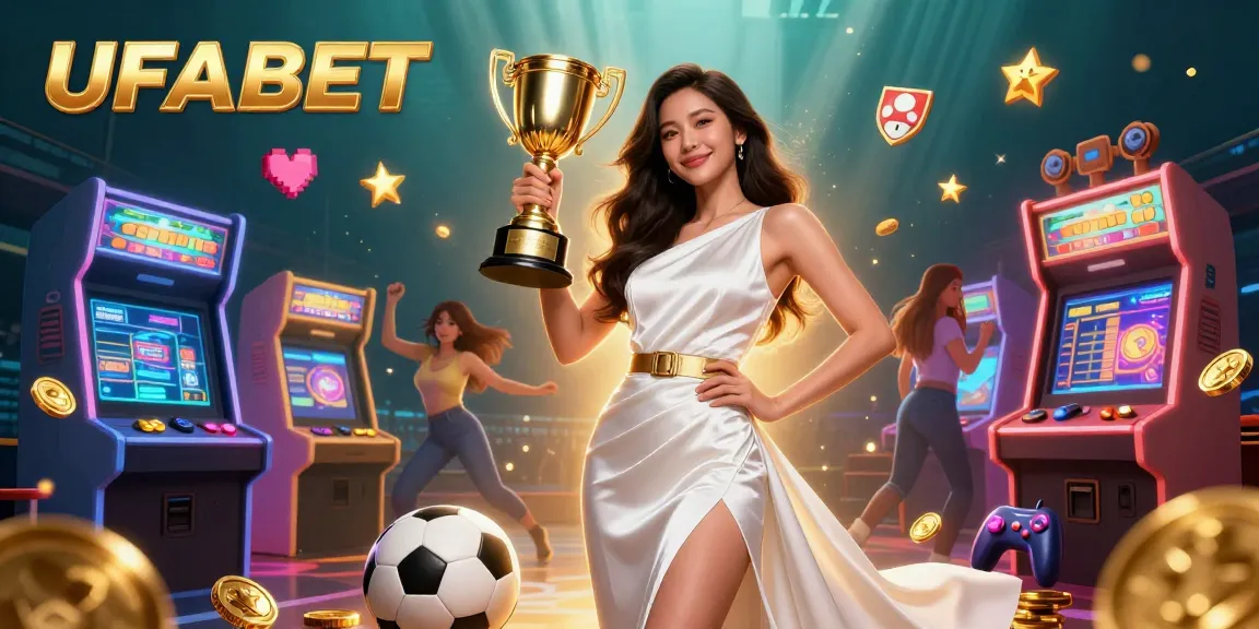 Bet on sports and win with UFABET - a stunning Asian woman celebrates victory, surrounded by gambling elements.
