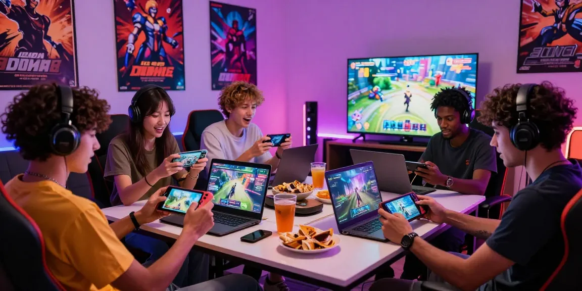 Exciting gaming scene with individuals playing hentai games on various devices, showcasing vibrant atmosphere.