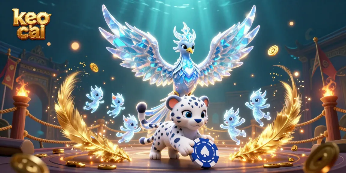 Engage with keo nha cai through a vibrant 3D scene featuring an ice phoenix and playful characters.