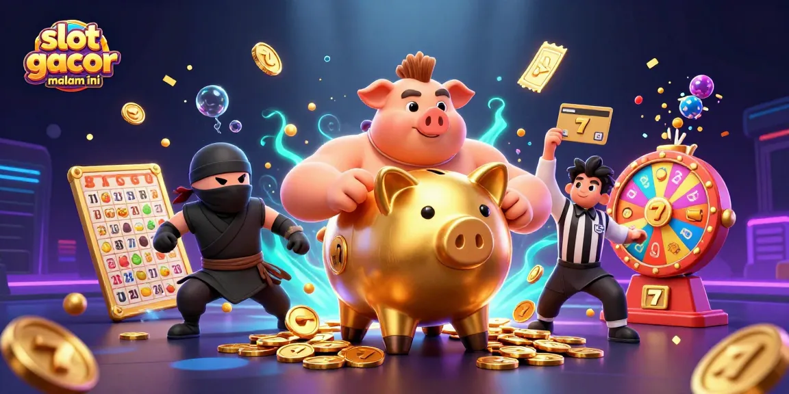 Experience slot gacor malam ini with a dynamic illustration of a golden piggy bank sumo wrestler and gaming elements.