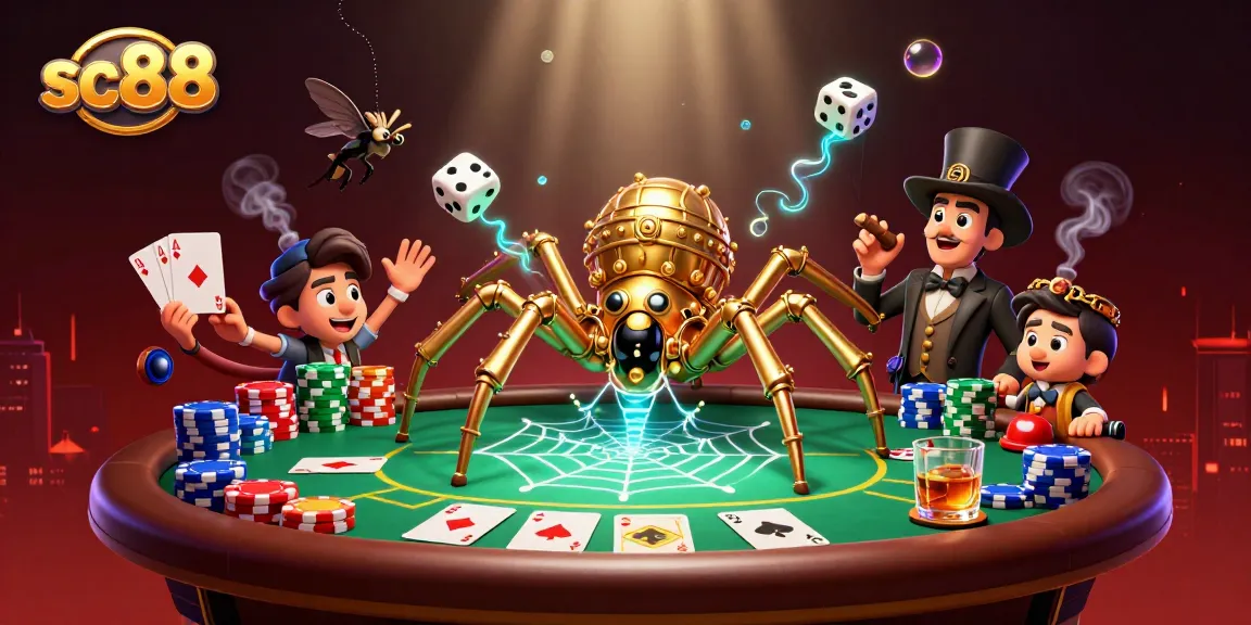 Experience thrilling gaming with sc88, featuring a golden steampunk spider in its web of poker chips.