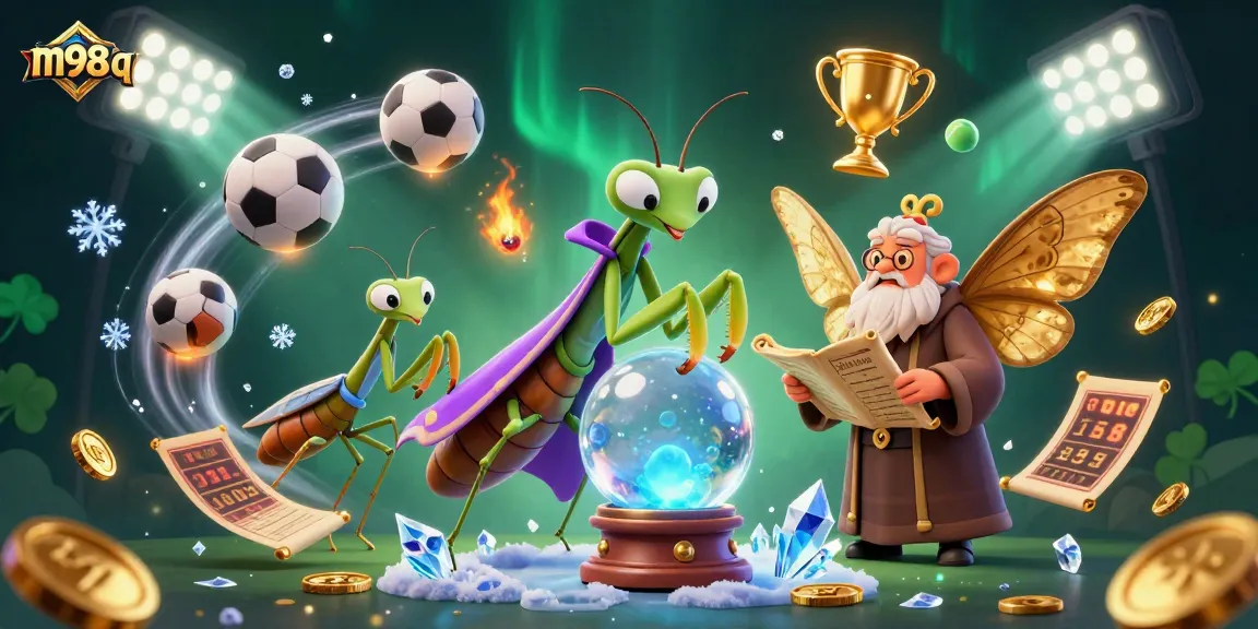 Engage with m98 q as a 3D cartoon praying mantis fortune teller predicts winning strategies amidst dynamic sports betting elements.