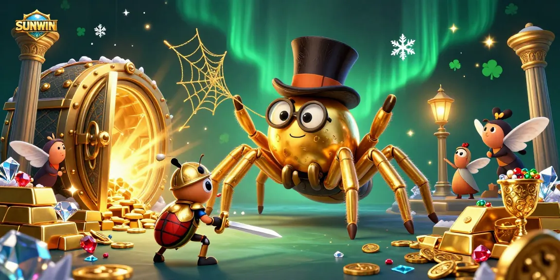 SUNWIN showcases a golden tarantula managing a dazzling casino web while a beetle knight approaches.