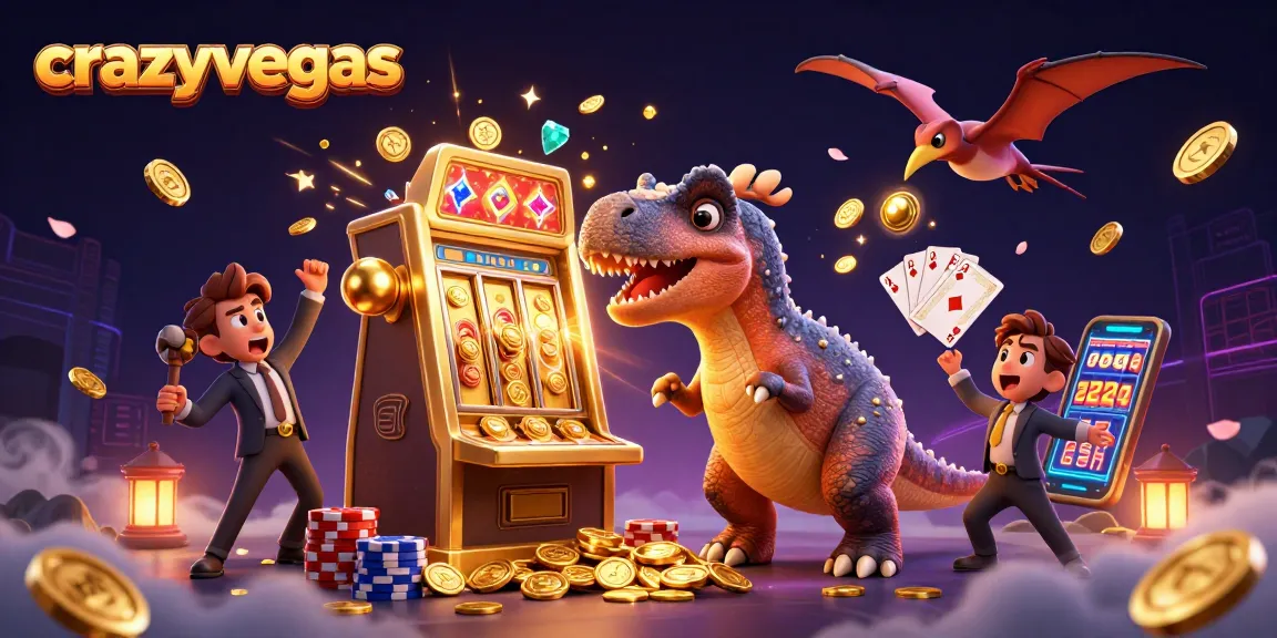 Crazyvegas offers thrilling jackpot action as a pachycephalosaurus hits the slot machine, coins cascading.