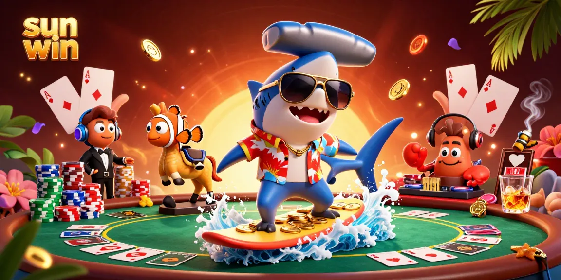 Experience thrilling action at sun win with a shark surfing gold coins amidst playful sea creatures.