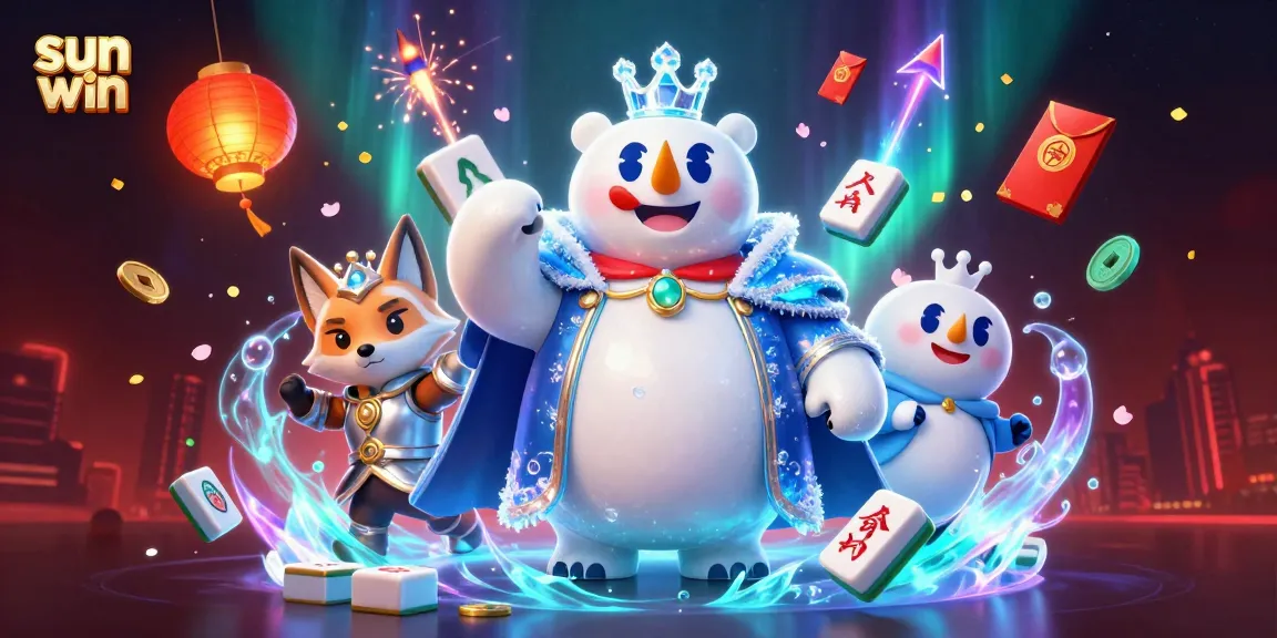 Experience the thrill of sun win gaming with a festive 3D scene of characters and vibrant casino elements.